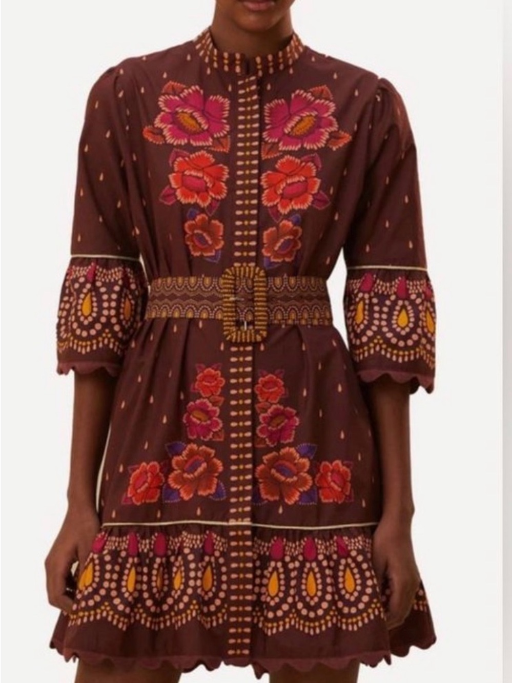 FARM Rio Brown Embroidered Floral Belted Mini Dress sz XS